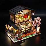 juman DIY Dollhouse Kit, Dollhouse Miniature Kit 3D Japanese Assembled Sushi Shop Handmade Wooden Dollhouse with LED Lights and Music Movement for Christmas Birthday Gift