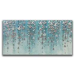 Yika Art 3D Paintings 24X48 Inch Modern Abstract Oil Painting Hand Painted On Canvas Abstract Artwork Picture Wall Decoration for living room - Silver Flower Wall Art (Blue)