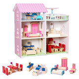 TOYROOM Wooden Dollhouse with Furniture Accessories 3 Storey 5 Rooms Balcony Large Villa Doll House Pretend Play Set Doll Playhouse Cottage Birthday Gift for Toddler Kids Girls Boys