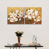 Pyradecor Magnolia Flowers Large Modern 2 Panels Gallery Wrapped Floral Giclee Canvas Prints Oil Paintings Artwork Style Brown Pictures on Canvas Wall Art for Living Room Bedroom Home Decorations L