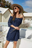 OURS Womens Off Shoulder Lace 3/4 Sleeve Strapless Summer Mini Dress Navy Blue XL