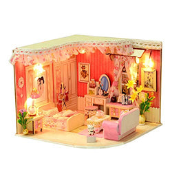 HEYANG Dream House Series, DIY Wooden Miniature Dollhouse, LED Lights for Adults and Kids, Wooden Hand Assembled Doll House, 3D House Puzzle Model (Pink)