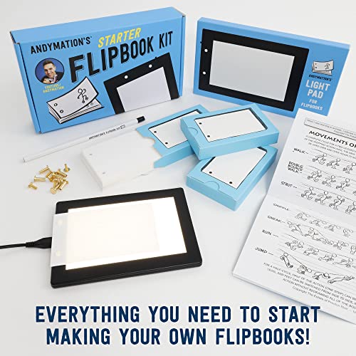 Official Andymation's Flipbook Kit for Kids & Adults with LED Light Pad for  Drawing & Tracing Animation, Premium Pre-drilled Flip Book Paper, Removable  Binding Screws, Bonus Flipbook 