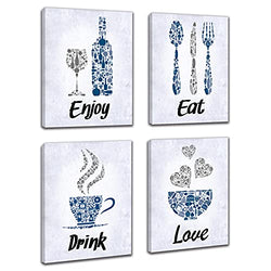 Blue Inspirational Kitchen Canvas Framed Wall Art Decor - Prints Posters Kitchenware with Sayings Home Dining Room Cafe Restaurant Signs Bar Decorations , Set of 4 ,8"x10"(Framed)