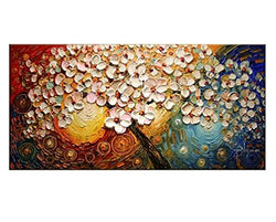 WO-STAR Heavy Textured Palette Knife Oil Paintings On Canvas Hand Painted Modern Abstract 3D Red Flowers Wall Decorative Pictures Art (24x48 inch)