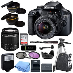 Canon EOS 4000D / Rebel T100 DSLR Camera with EF-S 18-55mm Zoom Lens + SanDisk 64GB Memory Card + Tripod + Case + Wideangle Lenses + Rtech Digital Cloth (20pc Bundle)