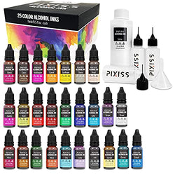 Pixiss Alcohol Ink Set - 25 Large Highly Saturated Colors - (15ml/.5oz), Pixiss White Alcohol Ink Set 4-Ounce, 3X Pixiss 20ml Needle Tip Applicator Bottles and Funnel