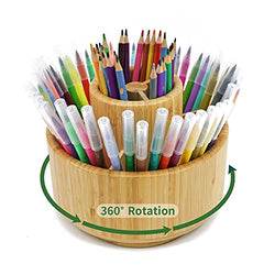 VaeFae Bamboo Pen Holder Organizer, Round Rotating Art Supply Organizer, Hold 420 Pencils, Desktop Storage for Marker Pens, Colored Pencil, Art Brushes, etc.