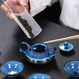 OMyTea Travel Japanese Tea Set - Chinese Asian Kung Fu Gongfu Porcelain Tea Set - Including Tea Pot, Tea Cups, Bamboo Tea Tray, Tea Towel, Organizer Storage Case (Blue Pumpkin)