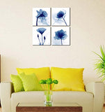 Pyradecor Blue Flickering Flower Modern Abstract Paintings Canvas Wall Art Gallery Wrapped Grace Floral Pictures on Canvas Prints 4 Panels Artwork for Living Room Bedroom Office Home Decorations