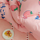 AOJIM Japanese Kawaii Style -100% Cotton Cartoon Pink Duvet Cover Set Strawberry Girls Bedding Set 3 PCS Best Bedding Gifts for Kids Queen Size