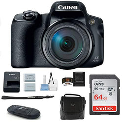 Canon PowerShot SX70 HS Digital Camera Bundle, Includes: 64GB SDXC Class 10 Memory Card + Spare Battery + Camera Bag + More.