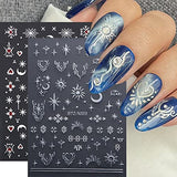 6 Sheets Star Moon Nail Art Stickers Decals 3D Self-Adhesive Silver White Nail Stickers Fish Bone Sun Geometry Nail Art Supplies Laser Heart Nail Art Design Decals for Women Acrylic Nails Decorations