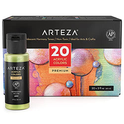 Arteza Iridescent Acrylic Paint, Set of 20 Harmony Colors, 2-oz Bottles, High-Viscosity Shimmer Paint, Water-Based, Blendable, Art Supplies for Canvas, Wood, Rocks, Fabrics