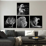 4 Pieces Living Room Wall Art Decor Black and White Animals Theme Prints Picture Canvas Decoration Framed Modern Home Painting Artwork (Animals A, 16x16inchx4pcs)