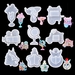FineInno 9Pcs Quicksand Resin Casting Molds,Resin Art Shaker Mold, Crystal Silicone Hollow Mold Epoxy Pendant Molds Ice Cream, Unicorn, Wings (9Pcs Resin Casting Molds)