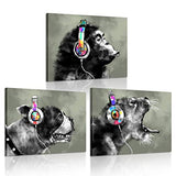 iKNOW FOTO 3 Piece Modern Gorilla Monkey Music Canvas Art Wall Painting Abstract Animal Happy Dog and Leopard Decor Artwork Picture Home Decoration 12x16inchx3pcs