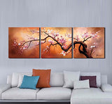 Modern Home Decor Hand painted Wall Art Oil Paintings on Canvas 3 Piece Cherry Blossom Tree Pictures for Living Room Bed Room Kidchen Office, GalleryWrap Framed Stretched Ready to Hang (60''W x 20''H)