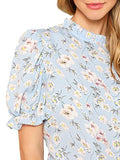 Romwe Women's Floral Print Ruffle Puff Short Sleeve Casual Blouse Tops Blue Small