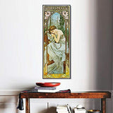 INVIN ART Framed Canvas Giclee Print Night's Rest. from The Times of The Day Series. 1899 by Alphonse Mucha Wall Art Living Room Home Office Decorations(Black Slim Frame,12"x36")