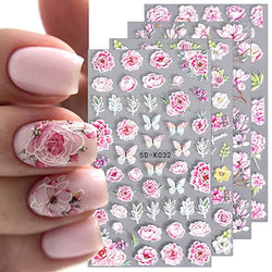 JMEOWIO 3D Embossed Spring Flower Nail Art Stickers Decals Self-Adhesive Pegatinas Uñas 5D Colorful Summer Floral Nail Supplies Nail Art Design Decoration Accessories 4 Sheets