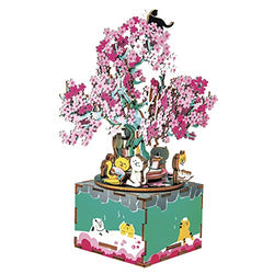 ROBOTIME 3D Puzzle DIY Music Box Puzzle Wood Model Kits to Build Rotating Cherry Blossoms Tree Craft Kits Unique Gift for Age 14+