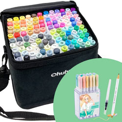 Ohuhu Alcohol Markers Brush Tip 120 colors + Mid-Tone - 24-Pack Dual Brush Pen Art Markers