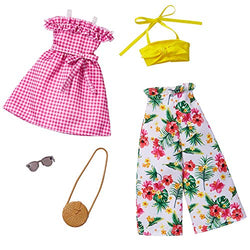 Barbie Fashions 2-Pack Clothing Set, 2 Outfits Doll Include Floral Wide-Legged Pants, a Yellow Bandeau Top, Pink Gingham Dress & 2 Accessories, for Kids 3 to 8 Years Old