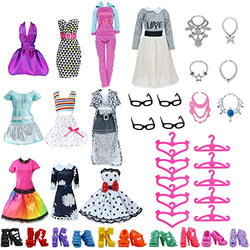 BJDBUS 40 pcs Doll Clothes and Accessories 10 Sets Fashion Clothes Dresses Casual Outfits, 10 Pairs Shoes, 10 Hangers, 10 Glasses and Necklace for 11.5 Inch Girl Doll Clothing Set (Style C)
