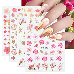 Cherry Blossom Nail Art Stickers 3D Flower Nail Decals Pink Floral Peach Blossom Design Self Adhesive Spring Summer Nail Stickers for Women DIY Acrylic Nail Decoration Manicure Tip