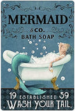 Funny Mermaid Metal Tin Sign Mermaid Co. Bath Soap Wash You Tail Metal Poster Bathroom Bedroom Kitchen Cafe Home Art Wall Decoration Plaque Gift 8inch X 12inch