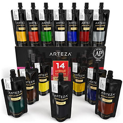 ARTEZA Acrylic Paint, Set 14 Colors/Pouches (120 ml/4.06 oz.) with Storage Box, Rich Pigments,