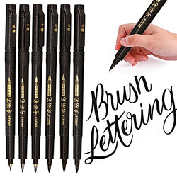 Hand Lettering Pens, Calligraphy Pens, Brush Markers Set, Soft and Hard Tip, Black Ink Refillable - 4 Size(6 Pack) for Beginners Writing, Sketches, Art Drawings, Water Color Illustrations, Journaling