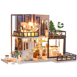 ROOMLIFE DIY Dollhouse Kit Whole Kit 2 Floors Loft with Bedroom,Kitchen,Sofa Natural Forest Style Perfect DIY Gift Miniature Dollhouse for Adults Girls with Dust Cover ,LED Lights Gift for Crafters