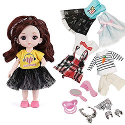 Ai-Fun 6 Inch BJD Girls Fashion Mini Doll Toys with 4 Replaceable Cloths and 7 PCS Doll Accoessaoried,Miniature Doll Set for Girls,Birthday Party Favors (Brown)