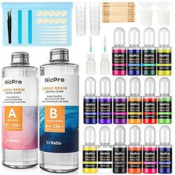 Nicpro 16 oz Epoxy Resin Kit Supplies with 15 Colors Liquid Resin Pigment Dye, Silicone Sticks,Mat, Measuring Cups, Gloves for Art, Crafts, Tumblers & Jewelry Making, Molds, Coating