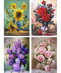 Yomiie 5D Diamond Painting Flowers Full Drill by Number Kits, Sunflower Rose DIY Paint with Diamonds Art Lilac and Peony Rhinestone Embroidery Craft for Home Room Decoration (12x16 inch, 4 Pack)