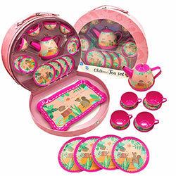 Sbrvaniy Kids Tea Set 15 Pcs Pink Tin Tea Party Set for Little Girls and Boys, Princess Tea Time Kitchen Pretend Play Tea Set Toys & Carrying Case