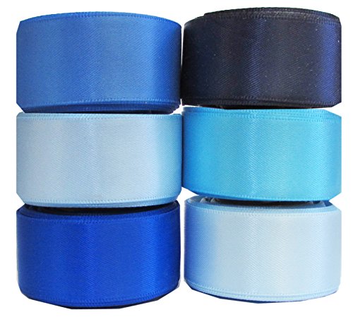 HipGirl Solid Double Face Satin Ribbon Mini Collection (6x5yd 7/8" Satin Ribbons-Blue Tone)