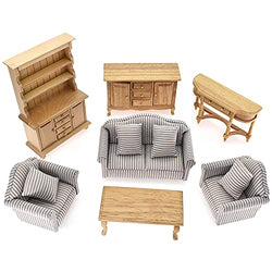 iLAND Miniature Wooden Dollhouse Furniture Set: Sofa, Cabinets, Coffee Table for Dollhouse Living Room (Classic Doll Furniture 7pcs)