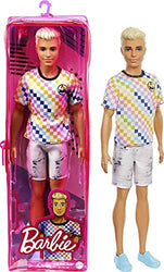 Barbie Ken Fashionistas Doll #174 with Sculpted Blonde Hair Wearing a Surf-Inspired Checkered Shirt, Stone Wash Denim Shorts & White Slip-on Deck Shoes, Toy for Kids 3 to 8 Years Old