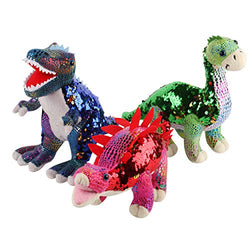 Plush Dinosaur Stuffed Animal Set of 3 Reversible Sequin Soft Dinosaur Toys for Boys and Girls, 12 Inches. Tyrannosaurus Rex, Brachiosaurus, and Stegosaurus Dinosaurs – Ideal Gift for Dinosaur Lovers