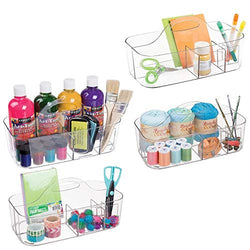 mDesign Plastic Portable Craft Storage Organizer Caddy Tote, Divided Basket Bin with Handle for Craft, Sewing, Art Supplies, Holds Paint Brushes, Colored Pencils, Stickers, Glue, Large, 4 Pack - Clear