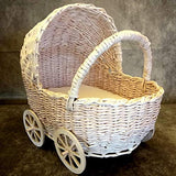 Doll stroller, miniature wicker shabby style pram for Lati Yellow 1:8 scale nursery scenes. buggy furniture