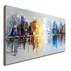 Large Hand Painted Abstract Reflection Cityscape Canvas Wall Art Modern Oil Painting Contemporary Decor Artwork (60 x 30 inch)