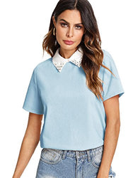 Romwe Women's Cute Contrast Collar Short Sleeve Casual Work Blouse Tops Blue X-Small