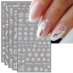 JMEOWIO 10 Sheets White Flower Star Nail Art Stickers Decals Self-Adhesive Pegatinas Uñas Spring Floral Nail Supplies Nail Art Design Decoration Accessories