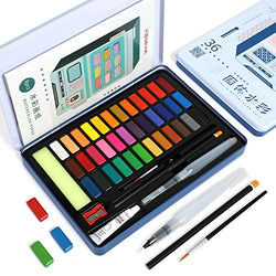 MIYA Watercolor Paint Set, Solid Water Coloring Paints for Kids, Beginners, Art Students, Adults - 36 Vivid Colors in Portable Case including 8 Water Color Paper + Water Brush Pen + Paint Brush (Blue Box)