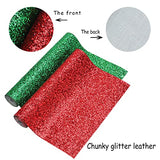 Greatdiy Christmas Red Green Chunky Glitter Fabric Roll 12 x 52 inch and Iridescent Snowflake Faux Leather Bundle Sheets 8x12 inch for Bows Crafts