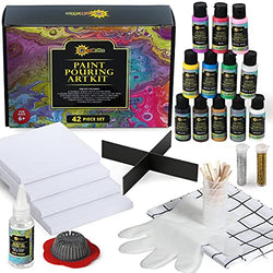 Acrylic Pouring Paint Supplies Kit - Deluxe starter paint pouring kit includes stretched canvas, silicone oil, premixed fluid acrylic paint for easy flow fluid art